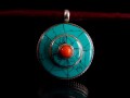 PA184 Pendentif Tibétain Argent Massif Turquoise Corail