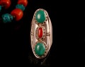 BA24 Bague Tibétaine Argent Massif Turquoise Corail