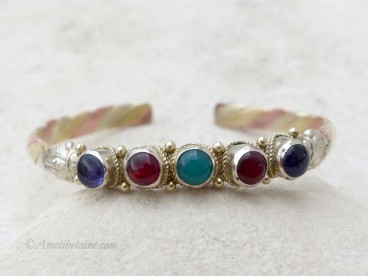 BRD343 Bracelet Tibétain Métal Argenté Cuivre Laiton