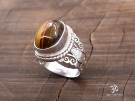BA255 Bague Tibétaine Argent Massif Oeil de Tigre. Taille 57