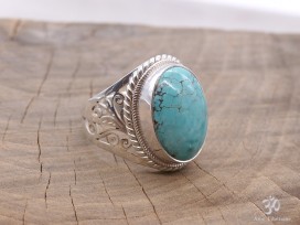 BA256 Bague Tibétaine Argent Massif Turquoise. Taille 62