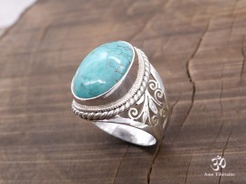 BA256 Bague Tibétaine Argent Massif Turquoise. Taille 62