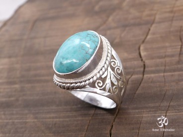 BA256 Bague Tibétaine Argent Massif Turquoise. Taille 62