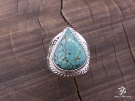 BA257 Bague Tibétaine Argent Massif Turquoise. Taille 59