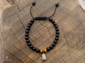 BrMala250 Bracelet Onyx Oeil de Tigre Bouddha Argent Massif