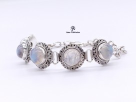 BRA82. Bracelet Tibétain Argent Massif Pierre de Lune