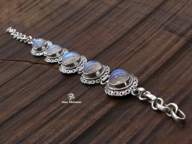 BRA82. Bracelet Tibétain Argent Massif Pierre de Lune
