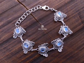 BRA83. Bracelet Tibétain Argent Massif Papillon Pierre de Lune