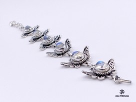 BRA83. Bracelet Tibétain Argent Massif Papillon Pierre de Lune