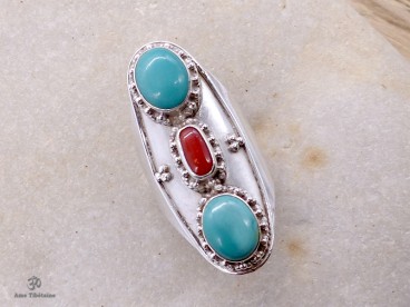 BA24 Bague Tibétaine Argent Massif Turquoise Corail