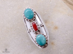 BA24 Bague Tibétaine Argent Massif Turquoise Corail