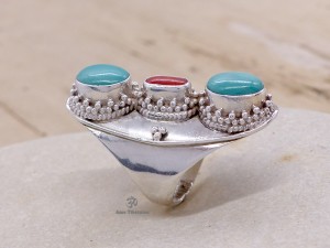 BA24 Bague Tibétaine Argent Massif Turquoise Corail