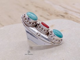 BA24 Bague Tibétaine Argent Massif Turquoise Corail