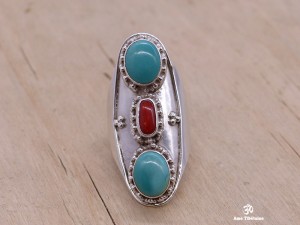 BA24 Bague Tibétaine Argent Massif Turquoise Corail