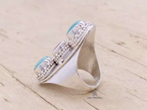 BA24 Bague Tibétaine Argent Massif Turquoise Corail
