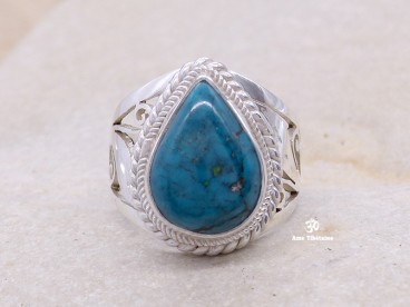 BA47 Bague Tibétaine Argent Massif Turquoise. Taille 54