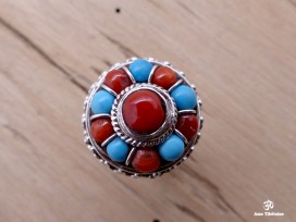 BA74 Bague Tibétaine Argent Massif Turquoise Corail. Taille 57