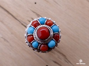 BA74 Bague Tibétaine Argent Massif Turquoise Corail. Taille 57