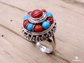 BA74 Bague Tibétaine Argent Massif Turquoise Corail. Taille 57