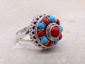 BA74 Bague Tibétaine Argent Massif Turquoise Corail. Taille 57