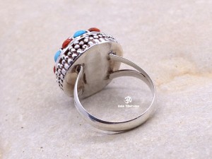 BA74 Bague Tibétaine Argent Massif Turquoise Corail. Taille 57