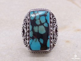 BA87 Bague Tibétaine Argent Massif Turquoise. Taille 58