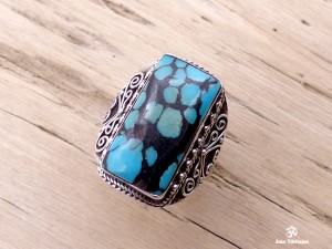 BA87 Bague Tibétaine Argent Massif Turquoise. Taille 58