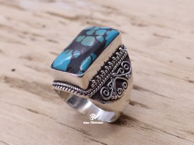 BA87 Bague Tibétaine Argent Massif Turquoise. Taille 58