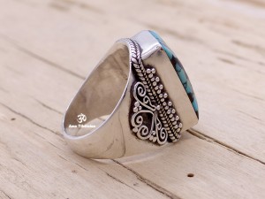 BA87 Bague Tibétaine Argent Massif Turquoise. Taille 58