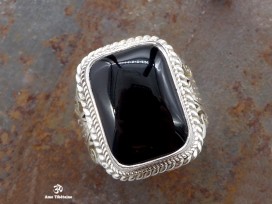 BA273 Bague Tibétaine Argent Massif Onyx. Taille 60