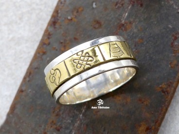 BA264. Bague Tibétaine en Argent Massif Laiton avec Astamangala