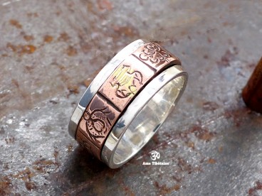 BA265. Bague Tibétaine en Argent Massif Cuivre avec Astamangala