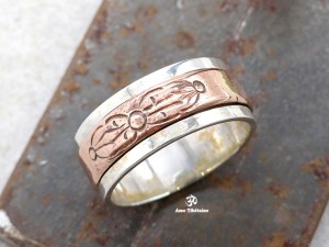 BA267. Bague Argent Massif Cuivre Mantra Dorje Vajra