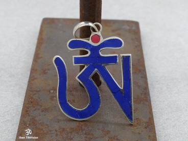PA13 Pendentif Argent Massif Om Tibétain Lapis Lazuli Corail