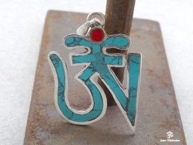 PA14 Pendentif Argent Massif Om Tibétain Turquoise Corail