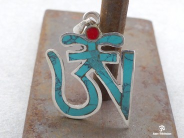 PA14 Pendentif Argent Massif Om Tibétain Turquoise Corail