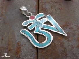 PA14 Pendentif Argent Massif Om Tibétain Turquoise Corail