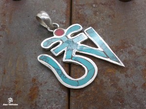 PA14 Pendentif Argent Massif Om Tibétain Turquoise Corail