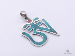 PA14 Pendentif Argent Massif Om Tibétain Turquoise Corail