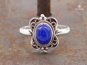 BA186 Bague Tibétaine Argent Massif Lapis Lazuli. Taille 58