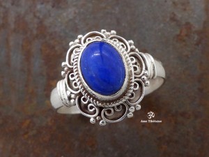 BA196 Bague Tibétaine Argent Massif Lapis Lazuli. Taille 60