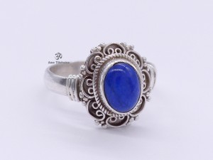 BA196 Bague Tibétaine Argent Massif Lapis Lazuli. Taille 60
