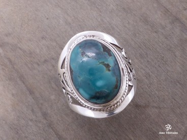 BA173 Bague Tibétaine Argent Massif Turquoise. Taille 59