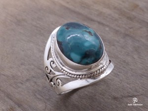 BA173 Bague Tibétaine Argent Massif Turquoise. Taille 59
