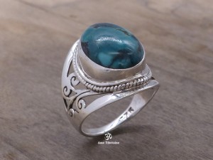 BA173 Bague Tibétaine Argent Massif Turquoise. Taille 59