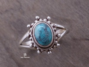 BA185 Bague Tibétaine Argent Massif Turquoise. Taille 59