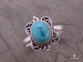 BA129 Bague Tibétaine Argent Massif Turquoise. Taille 58