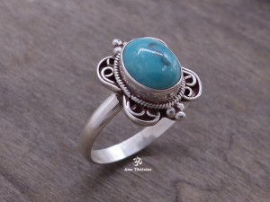 BA129 Bague Tibétaine Argent Massif Turquoise. Taille 58