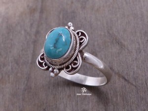 BA129 Bague Tibétaine Argent Massif Turquoise. Taille 58