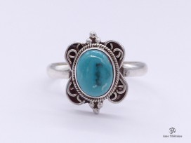BA129 Bague Tibétaine Argent Massif Turquoise. Taille 58